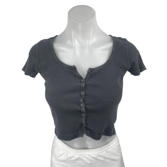 Brandy Melville Tops - Brandy Melville Black Short Sleeve Ribbed Knit Button Up T Shirt Crop Top Size S